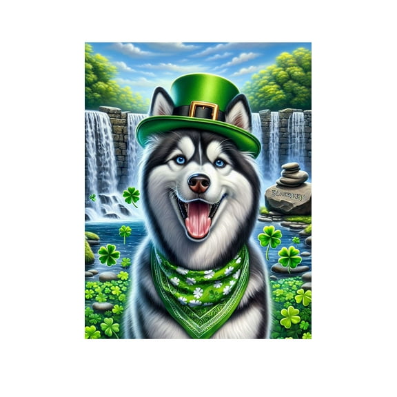 Siberian Husky Black/White Blue Eyes - Best of Breed DCR Saint Patricks Day Garden Flag 12" x 17"