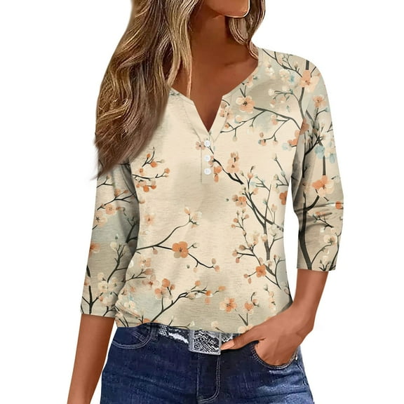 NAMTYQX Going Out Tops for Women Button V Neck Loose Fit 3/4 Sleeve Casual Fashion Soft Comfort Plus Size Beige Size 3XL