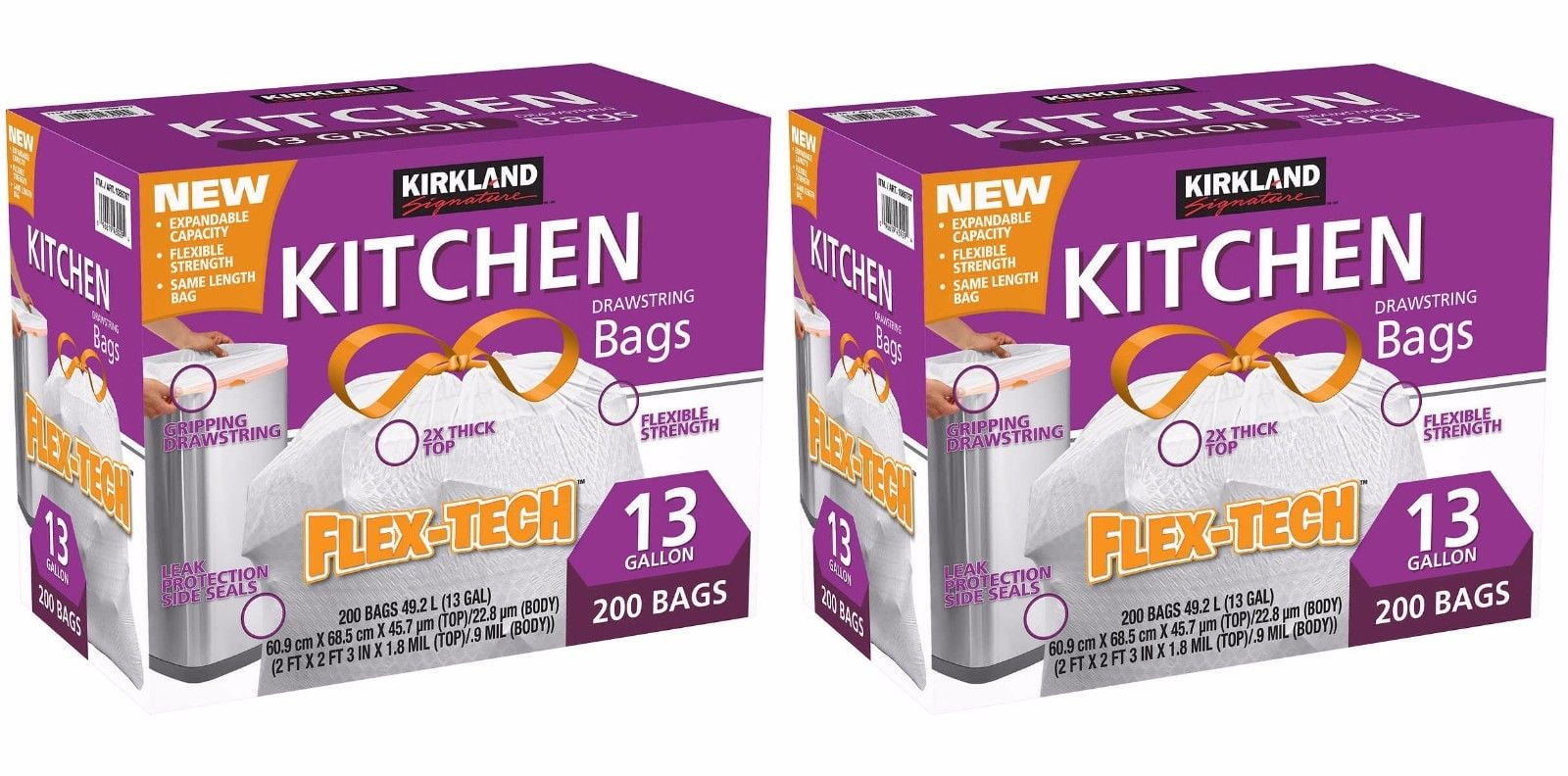 New Kirkland Signature Flex Tech Drawstring Kitchen Trash Bags 13 Gallon 200 ct 