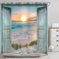 thumbnail image 2 of Ocean Beach Teal Barn Door Shower Curtain for Bathroom Decor 72Wx72H Hawaiian Sunset Scenery Sea Wave Retro Wood Rustic Nature Art Printed Fabric Polyester Waterproof 12 Pack Plastic Hooks, 2 of 6