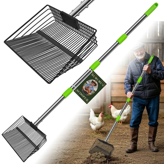 12inch Large Chicken Poop Scooper,2 Widths of Slots Litter Sifting Shovel (23 to 66"),Chicken Litter Scooper with Stainless Steel Handle, 4 in 1 Multifunctional Heavy Duty Chicken Coop Accessories