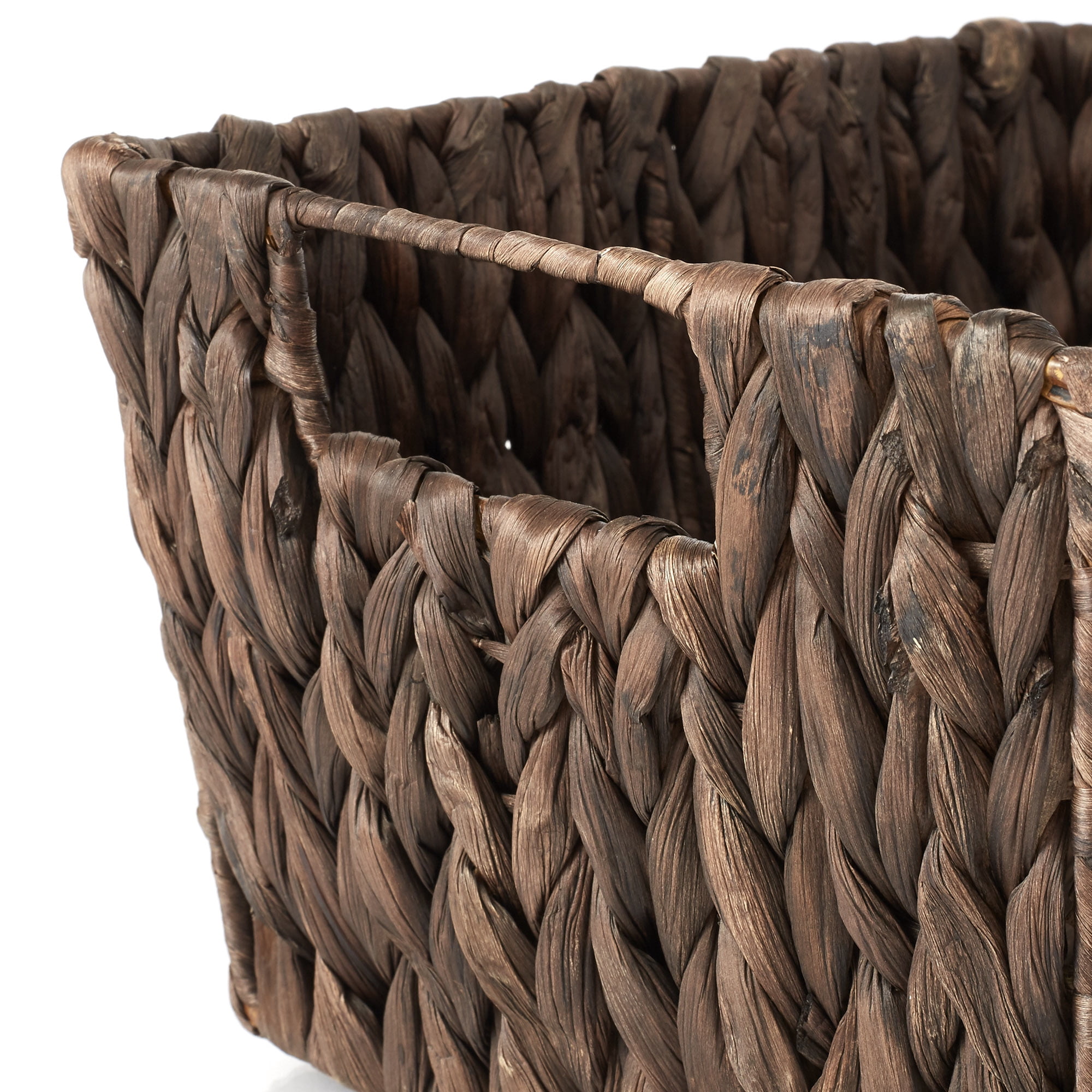 Casafield Set of 4 Water Hyacinth Storage Baskets with Handles - Espresso Brown, 12" x 9" x 6" Rectangular Storage Shelf Bins, Blankets, Laundry