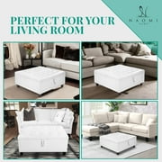 Ciara 35-Inch Air Leather Tufted Upholstered Lift-Top Ottoman Bench, Large Square Storage Coffee Table for Living Room, Toy Box, Footrest Stool, White Ottoman with Spacious Interior Compartment- White