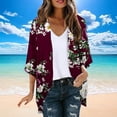 thumbnail image 6 of Women's 3/4 Sleeve Kimono Cardigan Open Front Chiffon Cover Ups Tropical Print Beach Casual Hawaiian Clothes (XL, Wine), 6 of 6