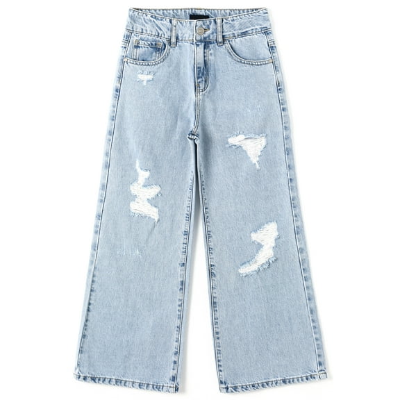 KIDSCOOL SPACE Girls Flare Jeans,Little Big Girl Ripped Wide Leg Soft Denim Pants,7-8 Years