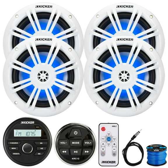 Kicker 46KMC2 All-Weather Marine Bluetooth USB/AUX AM/FM Gauge Style Media Center Receiver W/Remote Control, 4x 6.5" 150W Max RGB LED Coaxial Speakers W/LED Controller, Radio Antenna, Speaker Wire