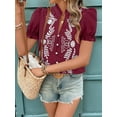 thumbnail image 4 of Women'S Summer Tops 2025 Casual Ruffle V Neck Puff Short Sleeve Button Down Shirts Embroidered Blouses Wine Red S, 4 of 8