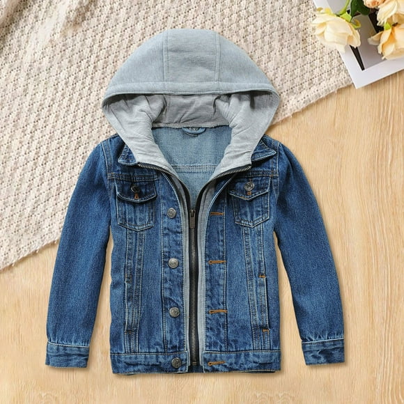 XIMIN Boys Kids Hooded Lapel Zipper Denim Jacket Teens Jean Jacket with Hood Baby Outerwear Toddler Trendy Jeans Coats Fall Winter Jacket Cold Jacket