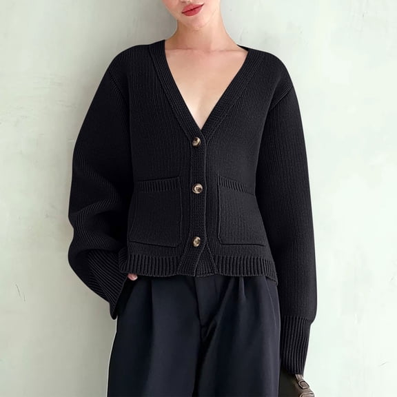 EchfiProm Womens Fall Tops V-Neck Knitted Long Sleeve with Pocket Black Solid Relaxed Fit Sweater Cardigan for Women
