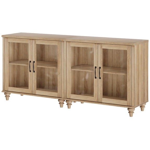 Oak Buffet Cabinet with 4 Glass Doors, Kitchen Storage Cabinets with Adjustable Shelf, 68 inch