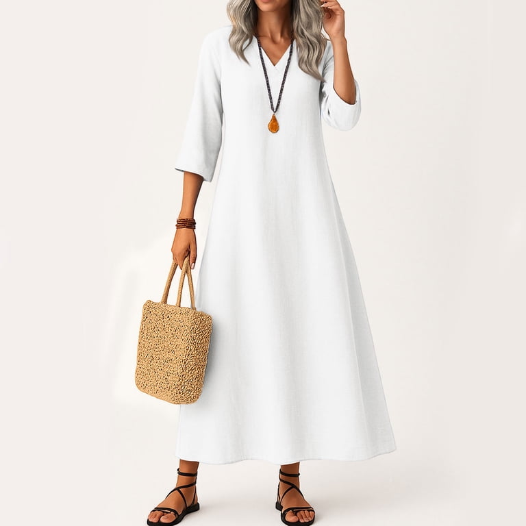 Womens Linen Dress Fall Long Sleeve Loose Fit Shift Dresses Lightweight  Basic Vneck Long Flowy Modest Dress White M
