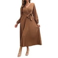 thumbnail image 4 of Sunloudy Vestido casual para mujer, cuello en V, manga larga, color sólido, cintura alta, plisado, vestidos largos con cinturón Sunloudy S M L XL, 4 of 8