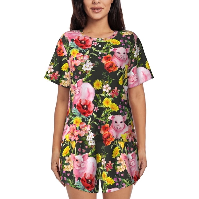 Fotbe Cute Pigs Sunflower Conjunto de Pijama Estampado para Mujer, 2 Piezas, Ropa de Dormir con Camiseta de Manga Corta y Shorts Suaves-3X-Large