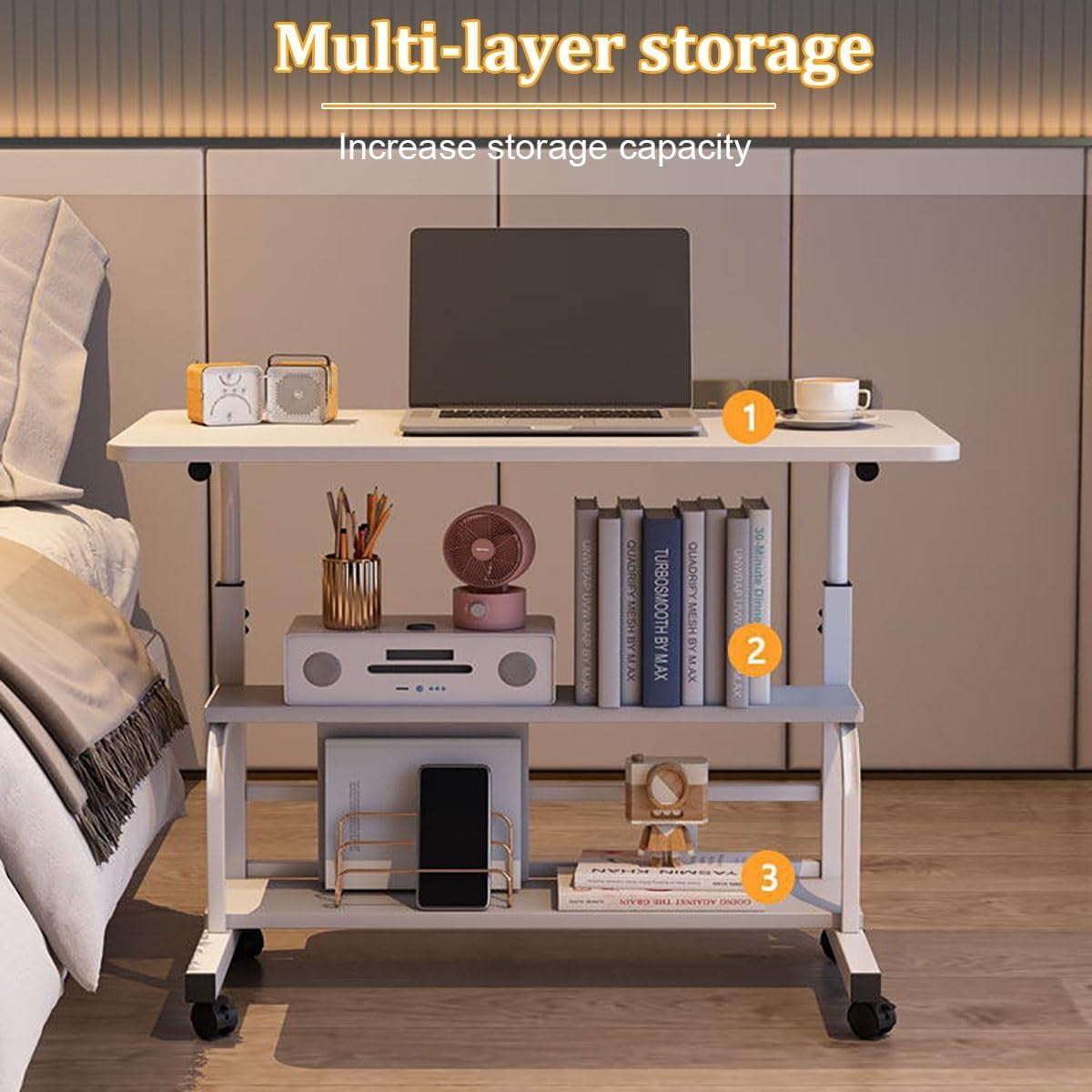 Portable Desk with Wheels Small Standing Desk on Wheels Adjustable Height Rolling Desks for Small Spaces, 32" Computer Desks with Storage Shelves for Home Office Study White