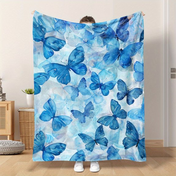 Watercolor Flying Blue Butterfly Print Blanket Soft Warm Flannel Throw for Naps Camping Travel Car Office Home Decor