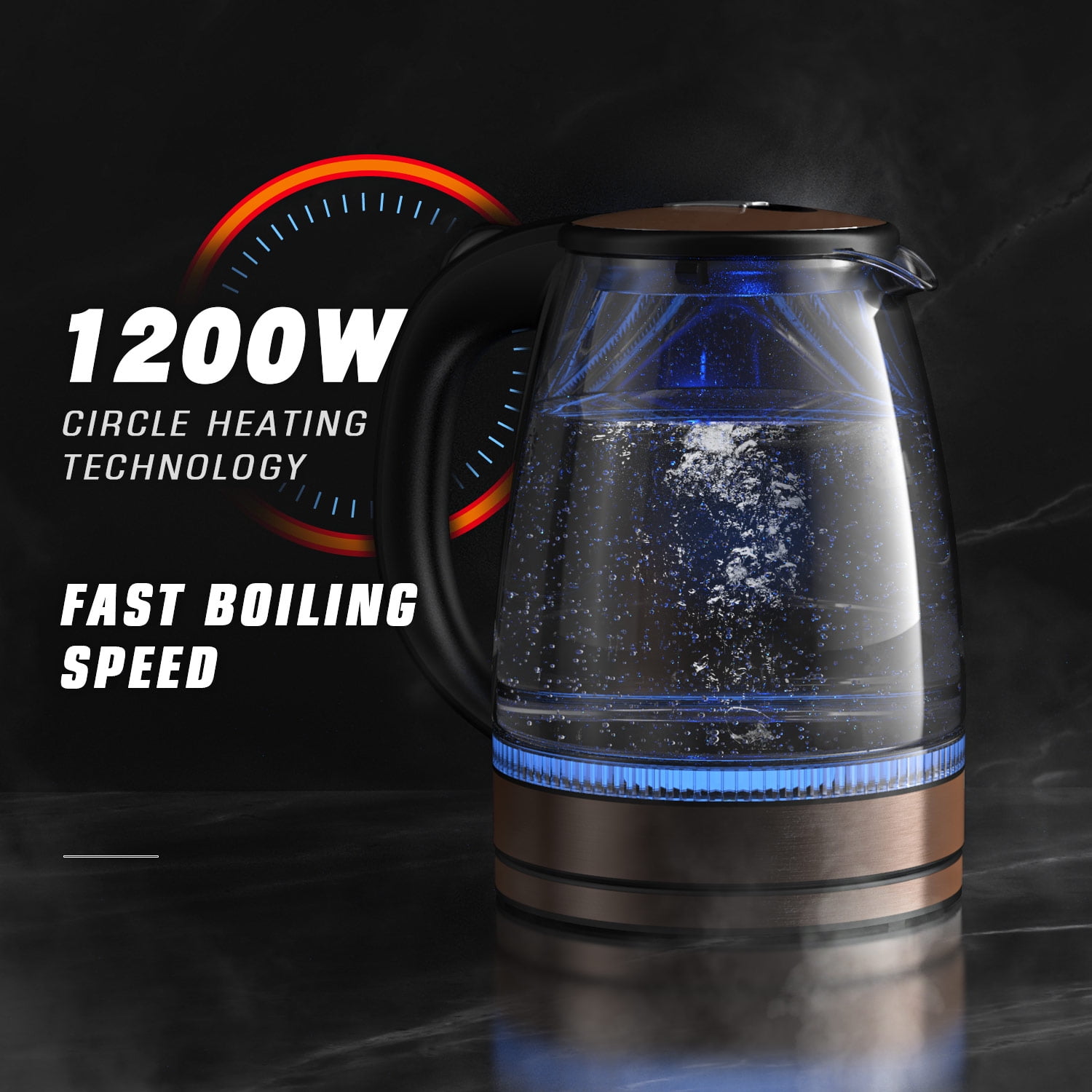 1L Electric BPA-Free Glass Kettle, Cordless 360°, Blue LED , Auto