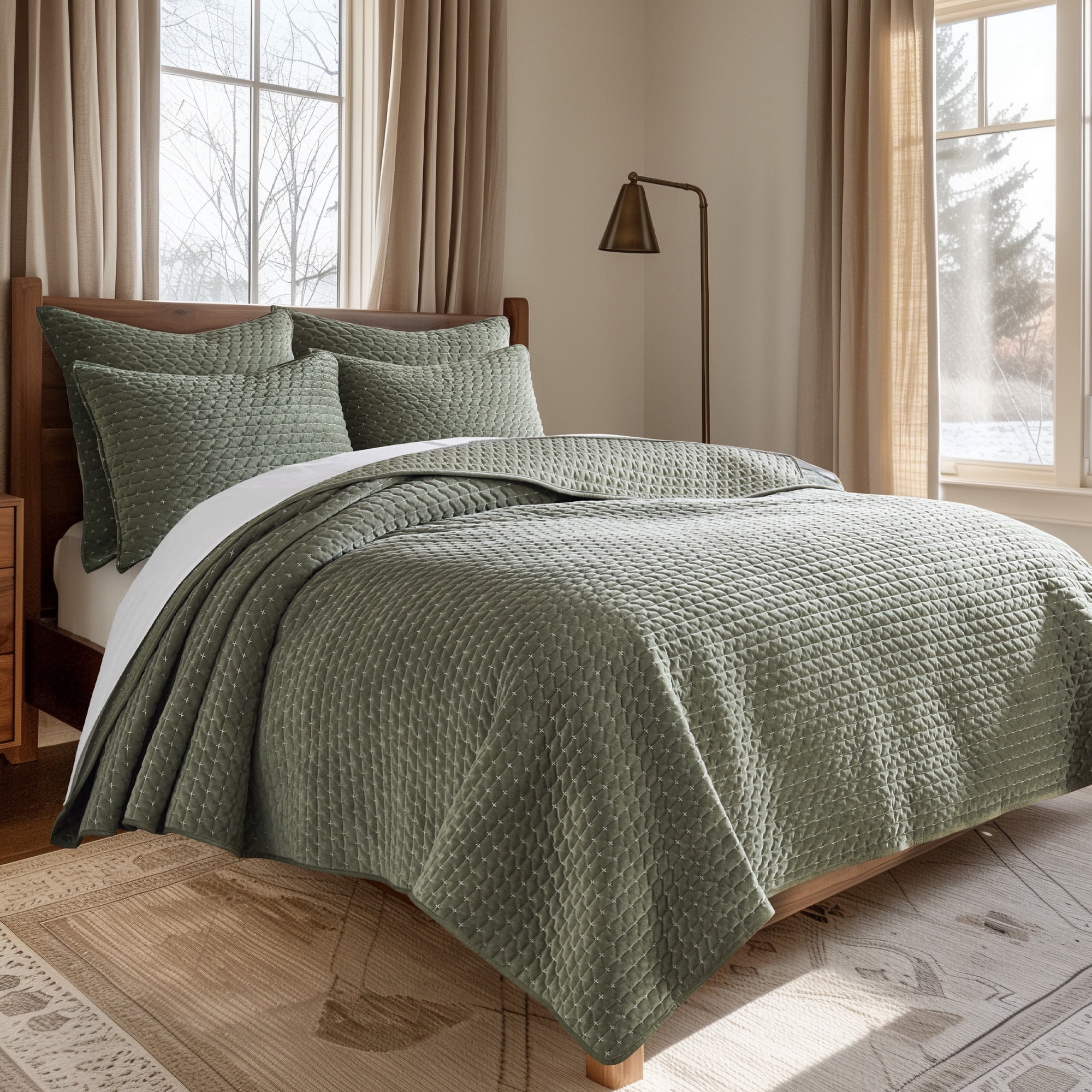 Levtex Home - Velvet Stitch Quilt Set - King Quilt and Two King Shams - Cross Stitch Velvet - Green with White - Quilt (106x92in.) and Shams (20x36in.) - Reversible - Polyester