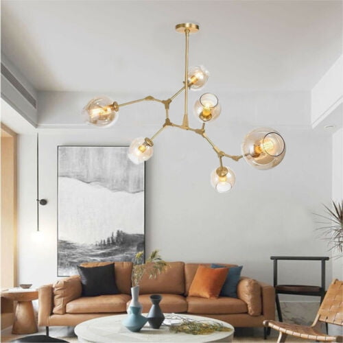 KPIBEST Adjustable Ceiling Hanging Light Bronze Gold Clear Glass Ball LED Pendant Chandeliers Post Modern Dining Restaurant Bar LED Branch Pendant Lighting - 6 Heads