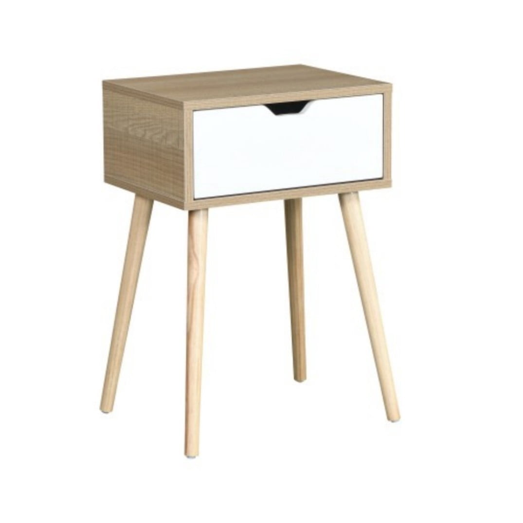 Side Table with 1 Drawer, Mid-Century Modern Nightstand with Rubber Wood Legs, Small Storage Cabinet for Bedroom Living Room, Natural