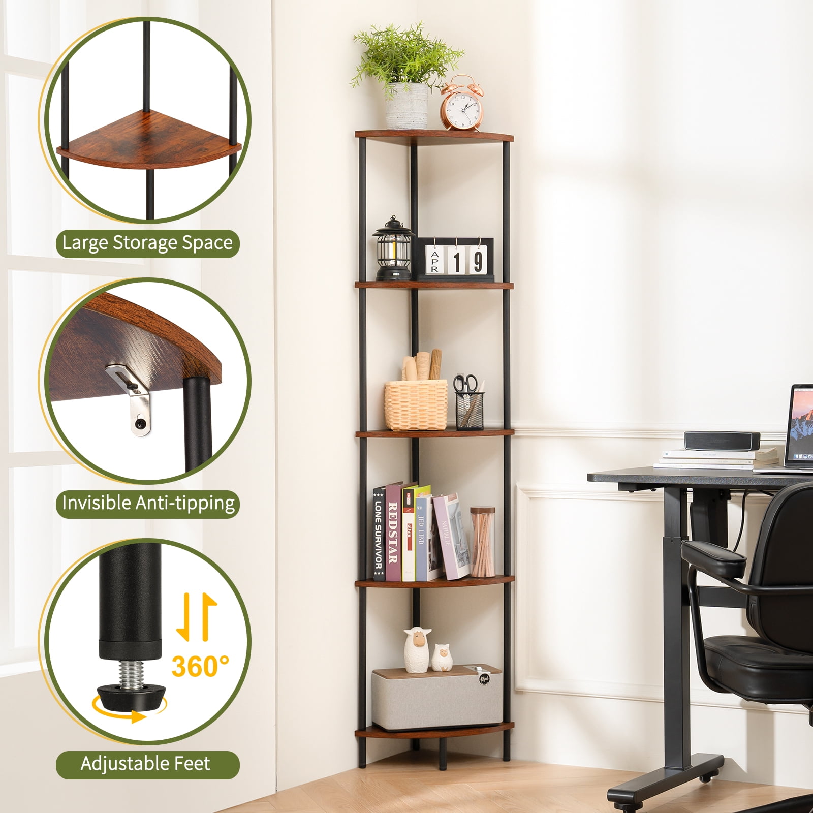 Yoobure Corner Shelf Stand, 5-Tier Corner Shelves, 65" Wall Corner Bookshelf, Display Shelf Tall Shelf Plant Stand for Bedroom, Bathroom, Living Room, Berry Brown