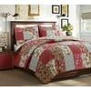 Adeline Red Teal Floral Country Real Patchwork 100% Cotton Reversible Coverlet Bedspread Quilt Bedding Set (Red Aqua, Queen - 3 Piece)