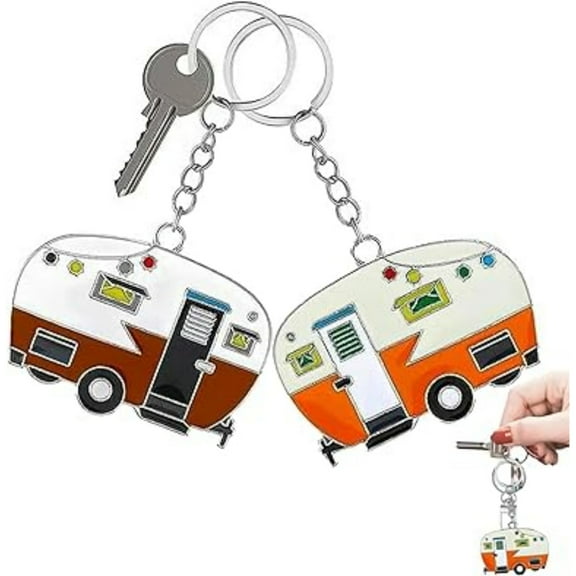 2 Pack Camper Keychain Set Happy RV Camper Keyring Couples Camping Accessories for Men Women Travel Trailers