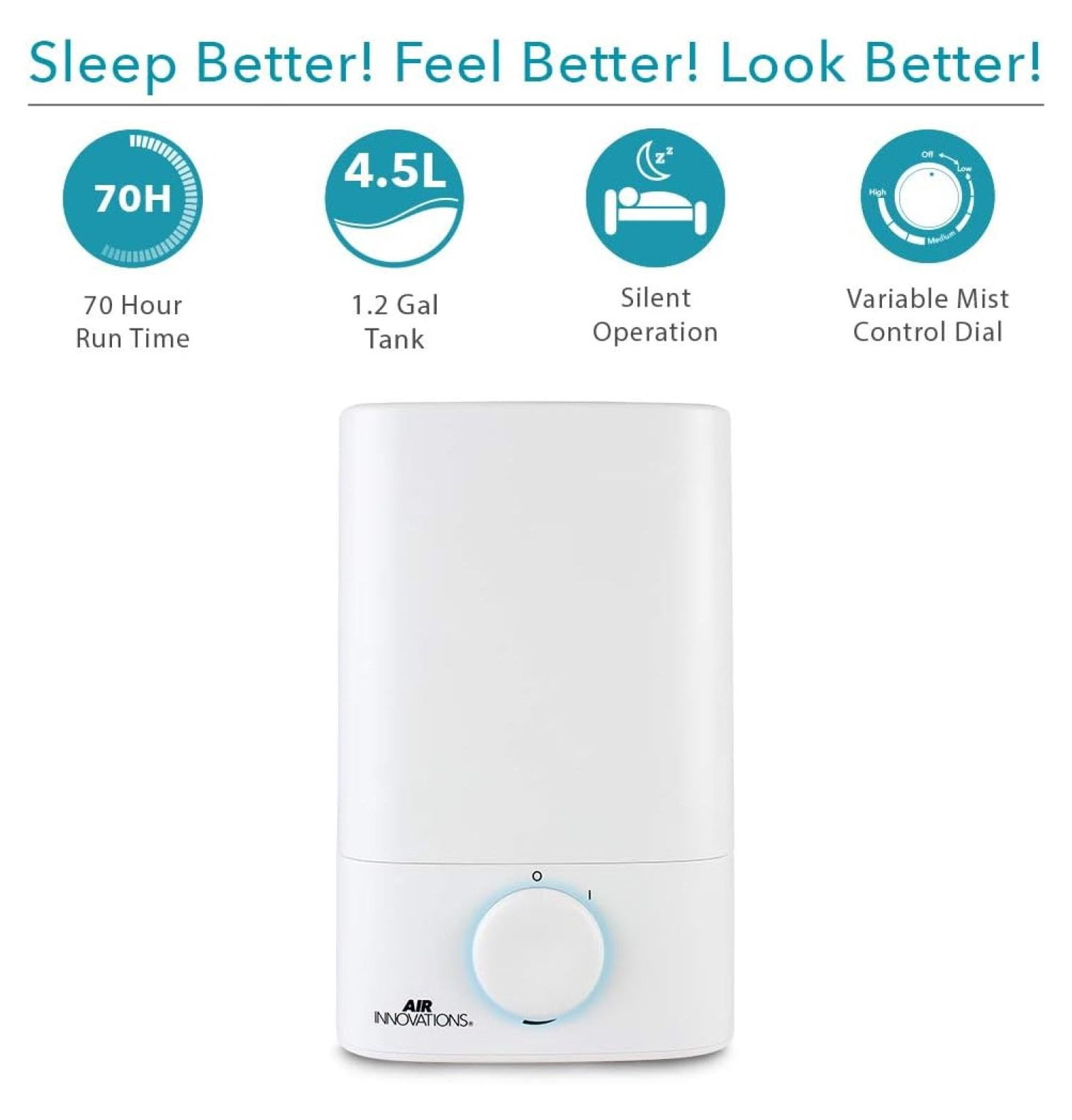 Humidifiers for Bedroom Convenient Oversized 4.5L Runs for 70 Hours for Large Room up to 400 Sq Ft Top Fill Cool Mist Humidifier Ideal for Baby Room and Plants MH-419, White, 1.2