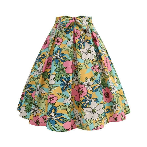Zshosam Vintage Pleated Skirt Floral Skater Printed Midi Skirts with Pockets(Blue,L)