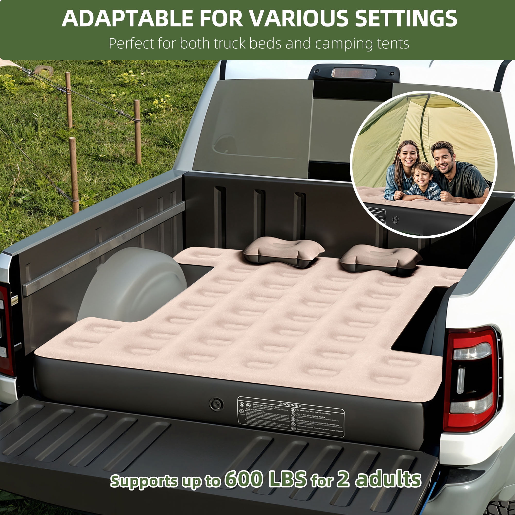Uforic Inflatable Truck Air Mattress for 5.5–5.8ft Short Bed Pickups, Camping Car Bed with Pump, Pillows, Carry Bag & Patch Kit, Fits Full-Size Trucks (Black + Brown)