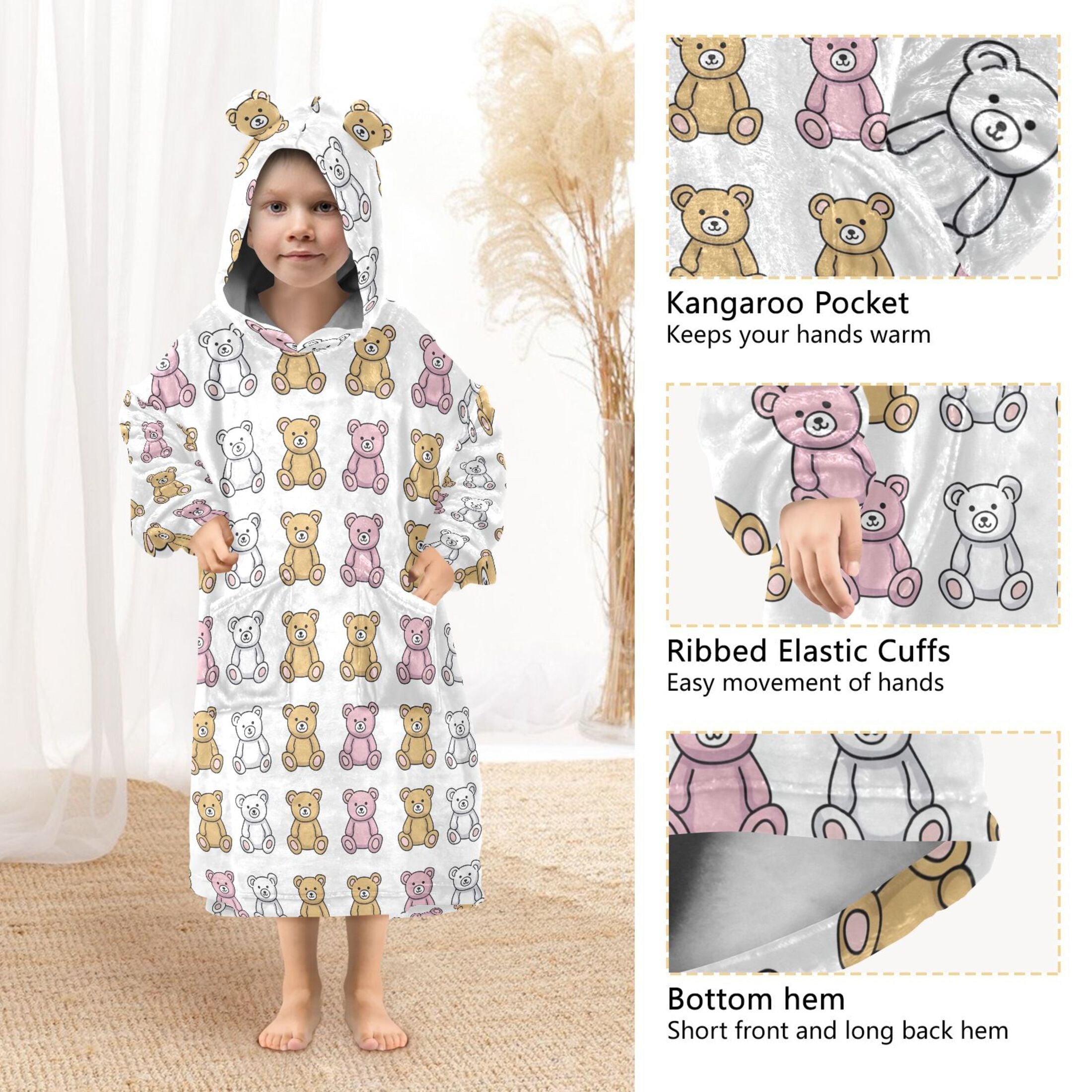Wearable Blanket Hoodie for Kids Cute Bear Simple Flannel Hooded Blanket with Pockets and Sleeves Suitable for Boys and Girls