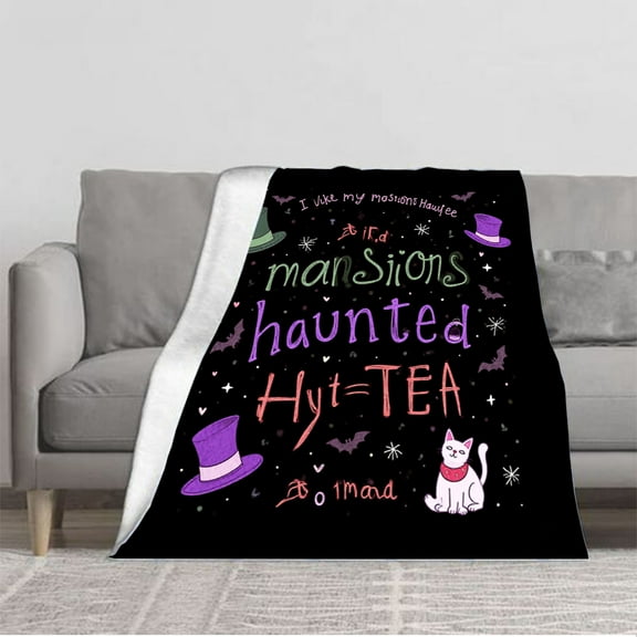 Cozy Flannel Blanket - Soft Warm Durable Perfect for Sofa Travel Bed & Chair - Whimsical Halloween Design with Colorful Text & Illustrations