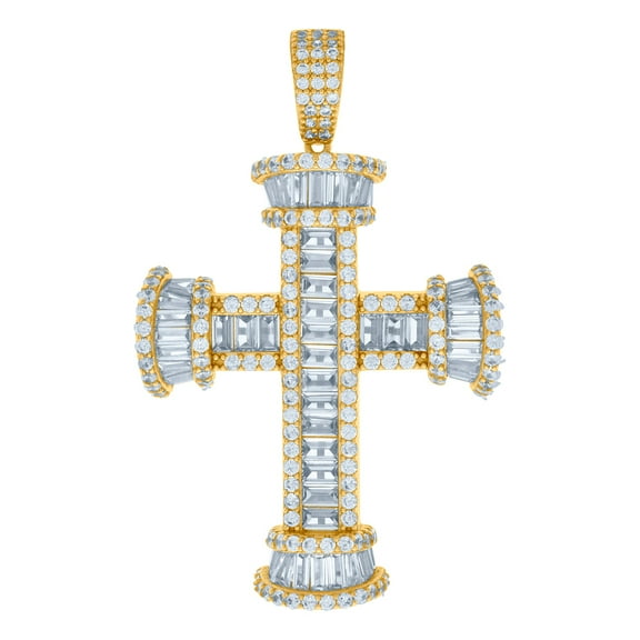 925 Sterling Silver Yellow-tone Mens Baguette Round Cubic Zirconia Cross Religious Charm Pendant 51.6x33mm Wide Necklace