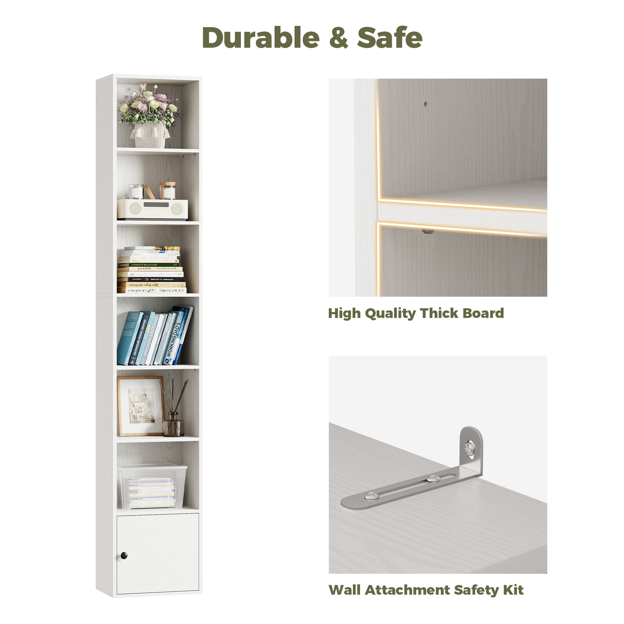 IRONCK 74.8" Tall Narrow Bookcase, 6 Tiers Open Adjustable Shelf and 1 Storage Cabinet for Home Office, White