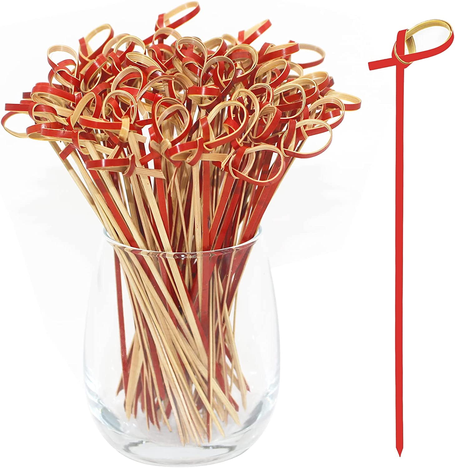 BLUE TOP Bamboo Cocktail Picks 100 PCS Red Bamboo Skewers 6 Inch with Looped Knot, Food Picks