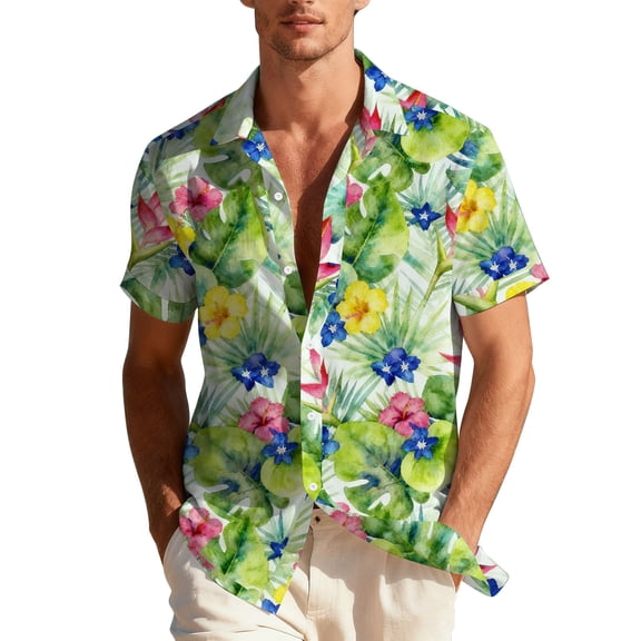 OGLCCG Hawaiian Shirt for Men Summer Beach Casual Short Sleeve Button Down Shirts Trendy Floral Printed Tropical Holiday T Shirts,M,Green 2