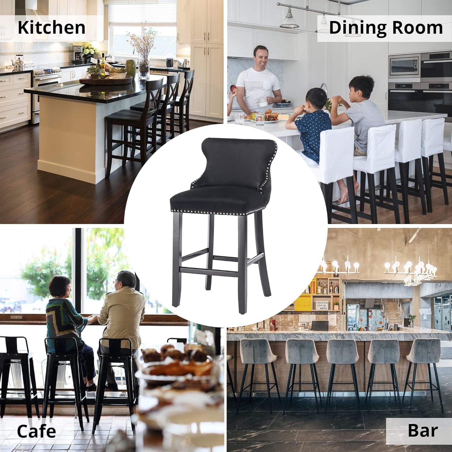 Velvet Wing-Back Bar Stools Set of 2, Button Tufted with Nailhead Trim & Solid Wood Legs, Counter Height Bar Chairs for Kitchen Island Dining Room Pub，Black