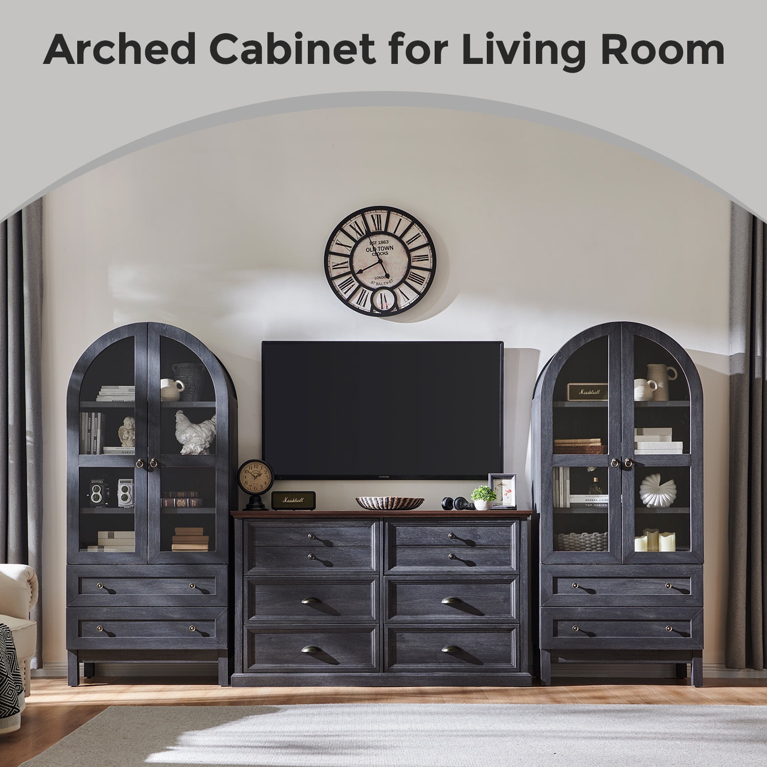 Arch Bookshelf with Storage Set of 2, Tall Bookcase with Glass Doors & Drawers