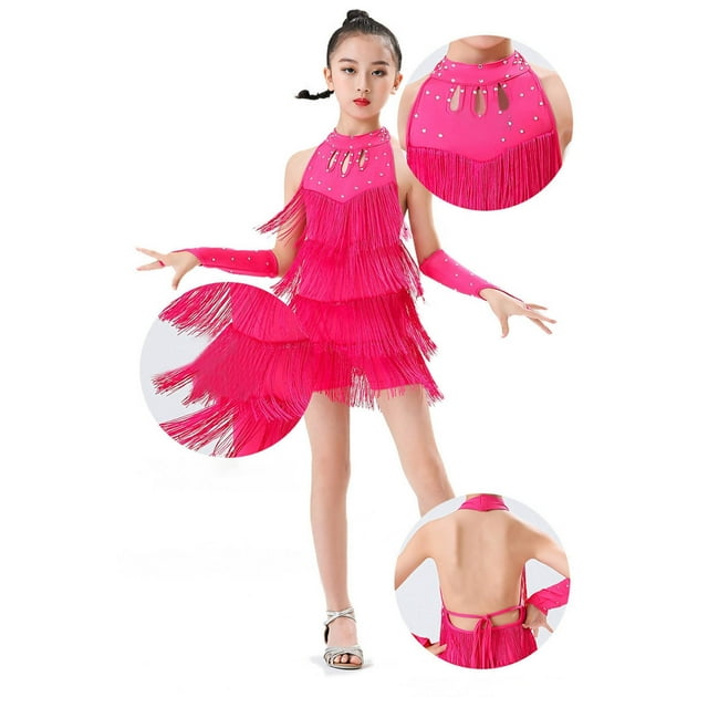 XDZJLR Girls Rompers Performance Latin Dance Training Fringe Skirt Competition Romper Hot Pink 8-9 Years
