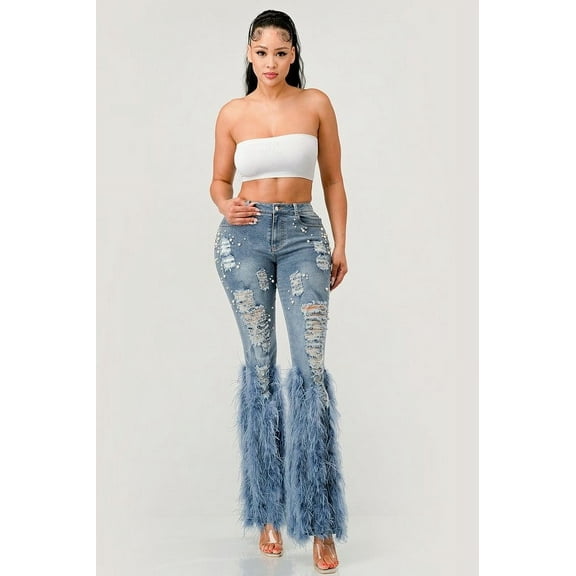 Distressed Pearl Embellished Feather Jeans