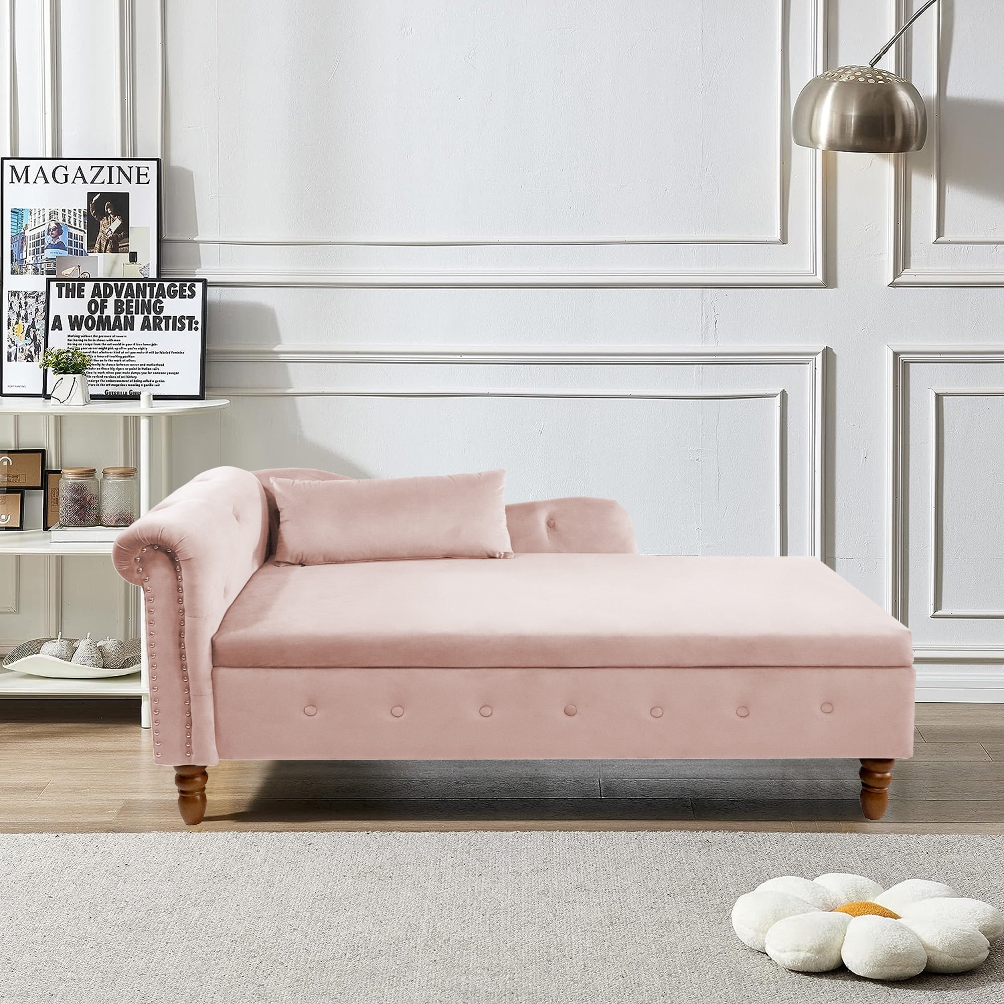Aukfa Storage Chaise Lounge Chair Indoor Recliner Lounge Chair for Living Room Bedroom,Pillow - Pink