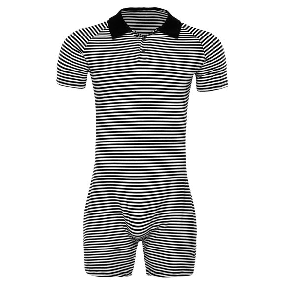 Doomiva Men Striped Pajamas Bodysuit Turn-down Collar Buttoned Crotch Jumpsuits Short Sleeve Homewear Black L