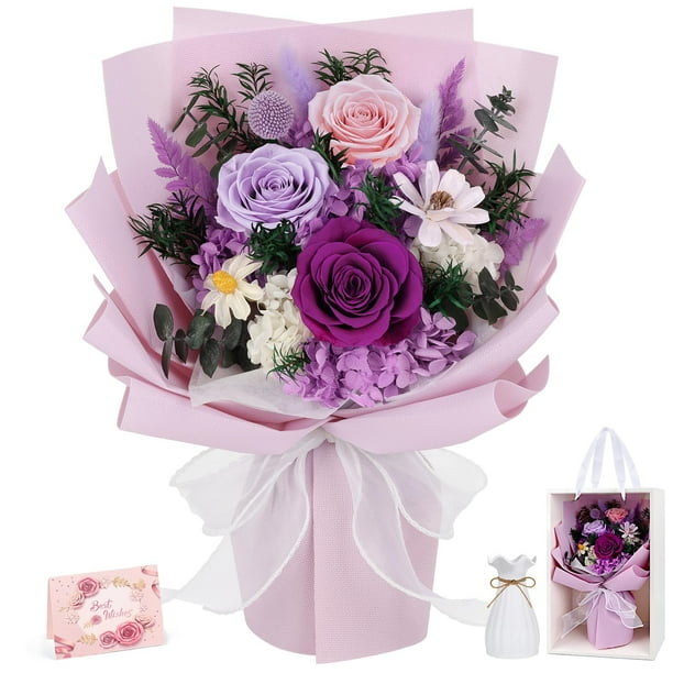 Ramo de flores preservadas TYL&TYS Real Roses, 13.5 pulgadas, color morado
