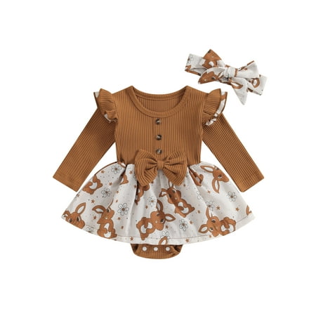 

Qtinghua Newborn Infant Baby Girls Easter Outfits Long Sleeve Bunny Flower Print A-line Romper Dress with Headband Clothes Khaki 6-9 Months
