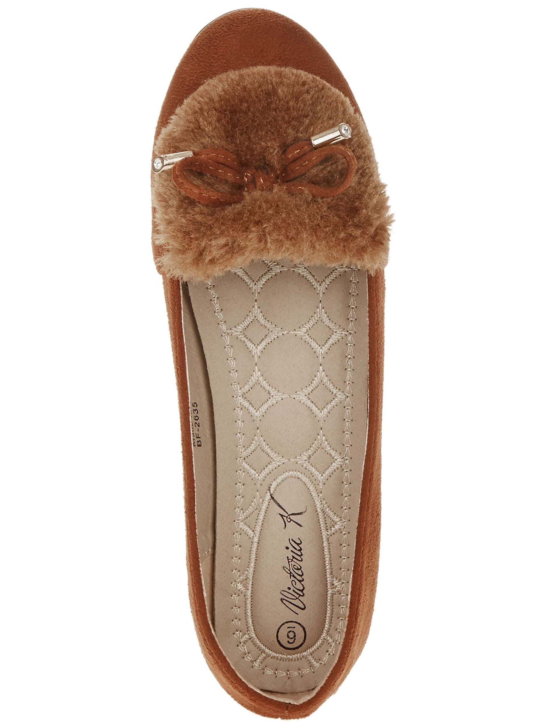 Victoria K Women's Soft Textured Material With Faux Fur Ornament And Gold Tip Bow Ballerina Flats