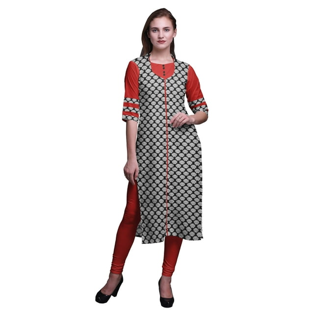 Bimba Kurti Longue Droite pour Femmes Imprimée Indienne en Rayonne Slub Tunique à Manches 3/4