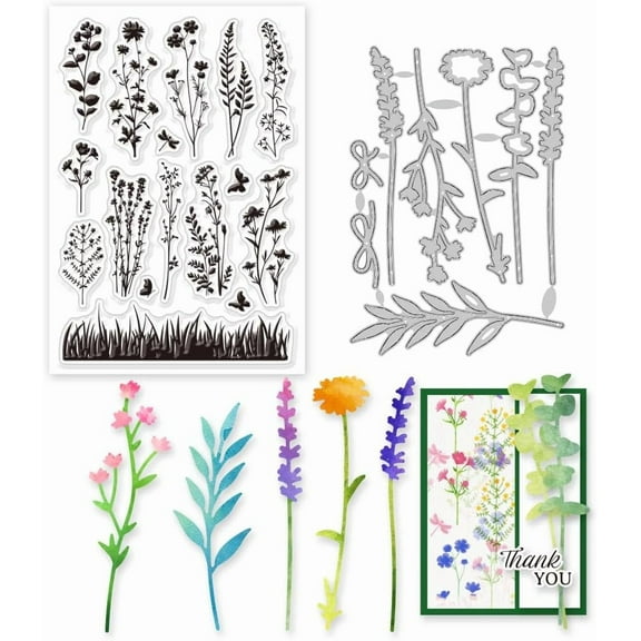 1bag 2Pcs Wildflower Meadow Silhouette Clear Stamps and Cutting Dies Silicone Clear Stamps Cards and Metal Die Cuts for Card Making and DIY Embossing Scrapbooking