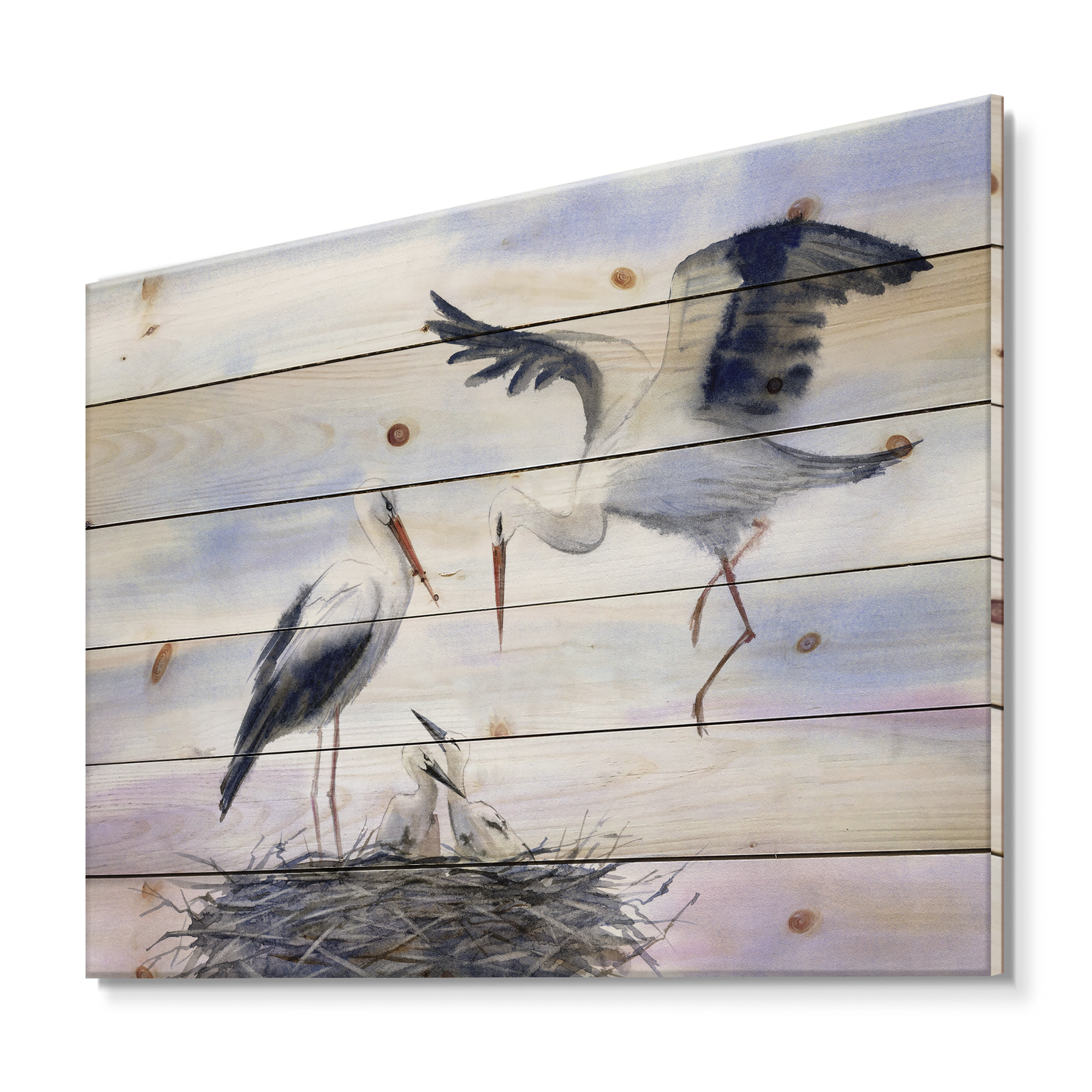 Designart 'Storks With Babies In The Nest' Farmhouse Print on Natural Pine Wood