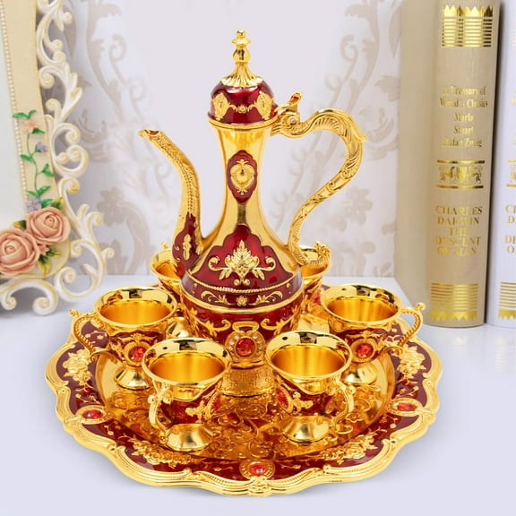 Miumaeov Turkish Tea Set Vintage Metal Turkish Coffee Pot Set with Pot & 6 Cups for Home Decor