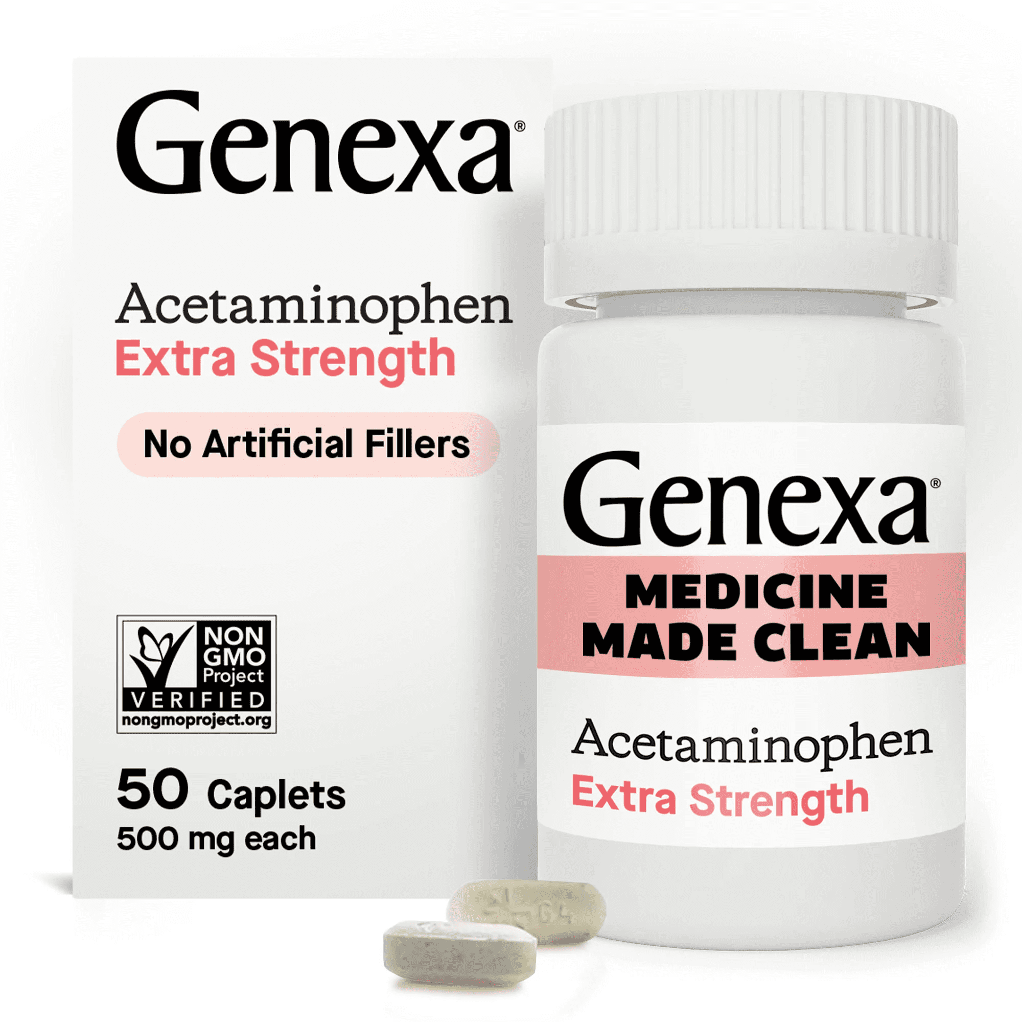 (2 pack) Genexa Clean Acetaminophen Extra Strength Pain Relief, Dye Free, 500mg Caplets, 50 ct