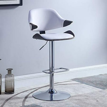 Chintaly Imports Tabouret de Hauteur Réglable Contemporain à Dos Incurvé - ChromeOak - Blanc PU